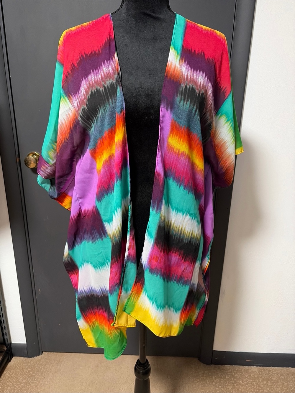 La Blanca Multicolor Wave-Print Open Front kimonos โ Teal Purple Pink Yellow